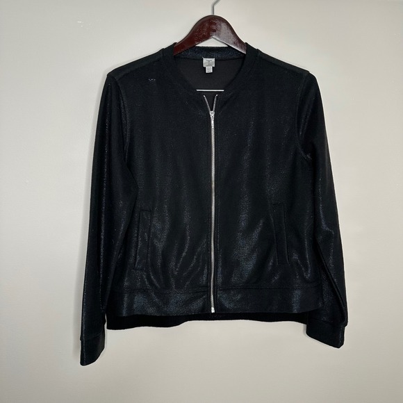 Tristan Jackets & Blazers - Tristan Women's Black Metallic Shimmer Bomber Jacket Full Zip Casual M